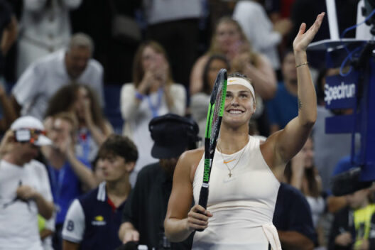 Арына Сабаленка святкуе перамогу над Петрай Квітавай на сёлетнім US Open. Фота – Geoff Burke / USA TODAY Sports / Forum﻿