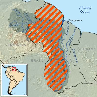 Карта Гаяны з пазначэннем спрэчнай тэрыторыі. Крыніца: Essequiborivermap.png: Kmusserderivative work: Kordas (sínome!). Guayana Esequiba (zonas).png, CC BY-SA 3.0, commons.wikimedia.org