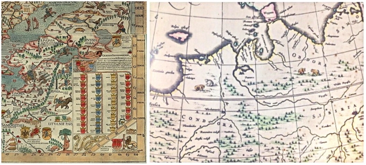 Ад левай — фрагмент «Carta marina» Олафа Магнуса (1539). Ад правай - фрагмент мапы «Паўночная і Усходняя часткі Русіі, званай Масковія», складзенай каля 1633 г. Ісаакам Масам і выкарыстанай ў «Касмаграфіі Блаў» — ля фігур мядзведзяў бачны подпіс «Абдорска (зямля)»﻿