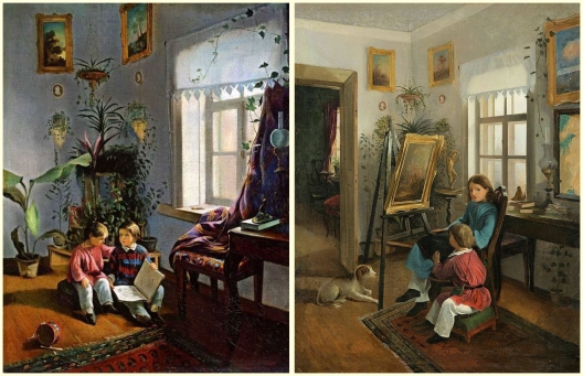 Іван Хруцкі. (а) У пакоі (1854) і (б) Дзеці перад мальбертам (1854-1855 г.)