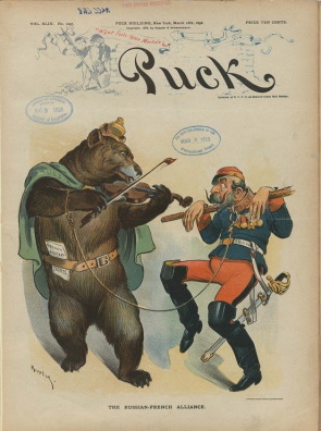«Расійска-французскі хаўрус». Амерыканскі сатырычны часопіс «Пак», 16 сакавіка 1898 г.