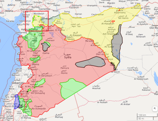 Жоўтым на карце пазначаны курды, зялёным — паўстанцы, чорным — ІДІЛ, чырвоным — Асад