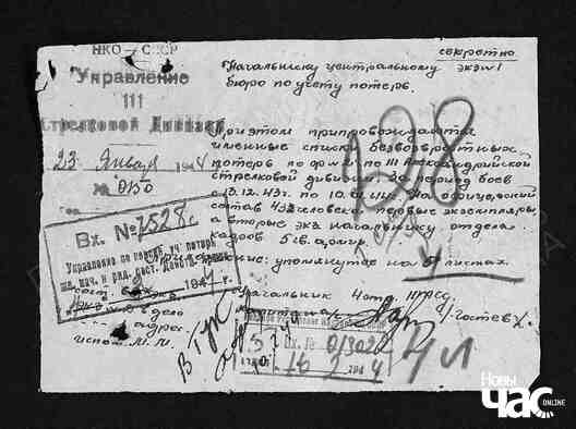 Страшэнны дакумэнт, якім пачыналася паведамленьне аб сьмерці Васіля Быкава ў 1944 годзе Страшэнны дакумэнт, якім пачыналася паведамленьне аб сьмерці Васіля Быкава ў 1944 годзе