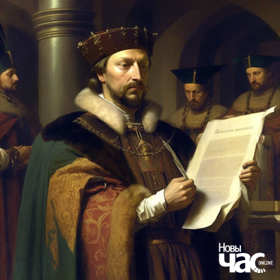 Вялікі князь Казімір падпісвае Судзебнік у 1468 годзе. Малюнак створаны нэйрасеткай па запыце НЧ Вялікі князь Казімір падпісвае Судзебнік у 1468 годзе. Малюнак створаны нэйрасеткай па запыце НЧ