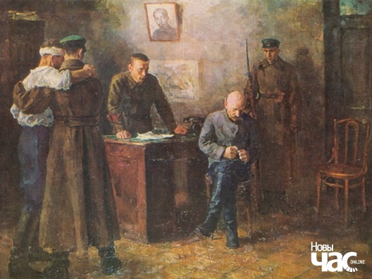 Савецкія памежнікі дапытваюць парушальніка мяжы, пачатак 1930-х Савецкія памежнікі дапытваюць парушальніка мяжы, пачатак 1930-х