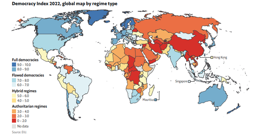 Індэкс дэмакратыі краін свету ў 2022 годзе. Адценнямі сіняга і блакітнага колераў пазначаныя дэмакратычныя дзяржавы, жоўтым — гібрыдныя, аранжавым і чырвоным — аўтарытарныя. Краіны, выдзеленыя цёмна-чырвоным колерам, больш за ўсё адпавядаюць вызначэнню дыктатуры. Карта: EIU Індэкс дэмакратыі краін свету ў 2022 годзе. Адценнямі сіняга і блакітнага колераў пазначаныя дэмакратычныя дзяржавы, жоўтым — гібрыдныя, аранжавым і чырвоным — аўтарытарныя. Краіны, выдзеленыя цёмна-чырвоным колерам, больш за ўсё адпавядаюць вызначэнню дыктатуры. Карта: EIU