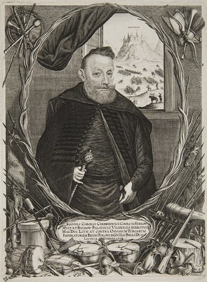 Ян Караль Хадкевіч, гравюра В. Гандзіюса 1648 г. На заднім плане бачны Хоцінскі замак Ян Караль Хадкевіч, гравюра В. Гандзіюса 1648 г. На заднім плане бачны Хоцінскі замак