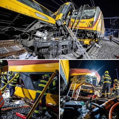 У выніку лабавога сутыкнення цягнікоў у Чэхіі адзін вагон сышоў з рэйкаў У выніку лабавога сутыкнення цягнікоў у Чэхіі адзін вагон сышоў з рэйкаў