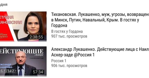 У Ціханоўскай за дзень больш праглядаў у Youtube, чым у Лукашэнкі — за месяц