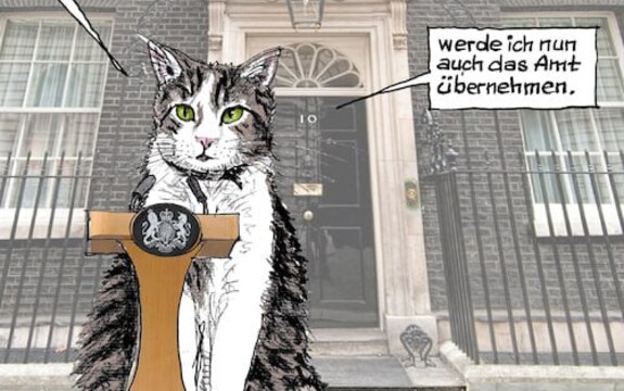 Кот Лары — 15 гадоў у Даўнінг-Стрыт: ці можа жывёла стаць сімвалам улады? Дасье ў карыкатурах