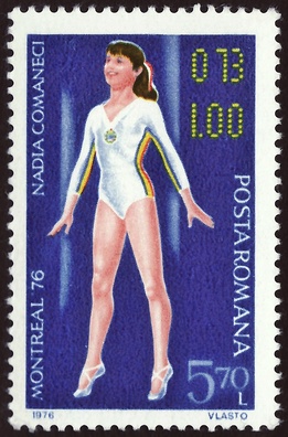 Надзя Каманэчы выступае ў Манрэалі. Марка Румыніі, 1976 год Надзя Каманэчы выступае ў Манрэалі. Марка Румыніі, 1976 год