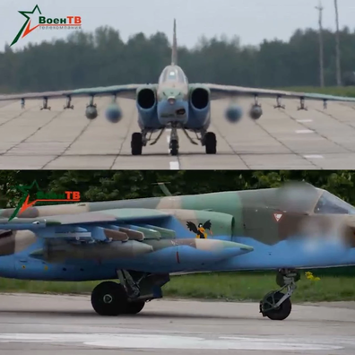 На здымку: беларуская прапаганда, анансуючы вучэнні, заблюрыла «сакрэтныя элементы» на Су-25, але гэта аказаліся паліўныя бакі, а не ядзерныя носьбіты. Мінабароны РБ патролілі нават Z-каналы.