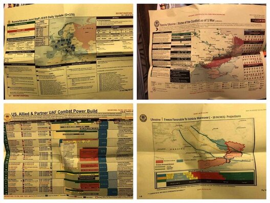 Частка нядаўна злітых сакрэтных дакументаў ЗША. Па інфармацыі СМІ, яны прызначаліся для непублічных брыфінгаў кіраўніцтва Пентагона. Злева зверху на дакументах можна ўбачыць афіцыйную эмблему Аб'яднанага камітэта начальнікаў штабоў — вышэйшага органа вайсковага планавання ЗША. Фота: адкрыты доступ Частка нядаўна злітых сакрэтных дакументаў ЗША. Па інфармацыі СМІ, яны прызначаліся для непублічных брыфінгаў кіраўніцтва Пентагона. Злева зверху на дакументах можна ўбачыць афіцыйную эмблему Аб'яднанага камітэта начальнікаў штабоў — вышэйшага органа вайсковага планавання ЗША. Фота: адкрыты доступ