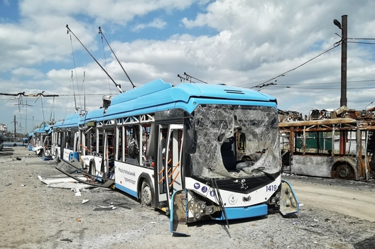 Знішчаныя тралейбусы беларускай вытворчасці ў Марыупалі. Фота: Марыупальскі транспарт Знішчаныя тралейбусы беларускай вытворчасці ў Марыупалі. Фота: Марыупальскі транспарт